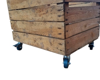 Vintage Wooden Apple Crate - Book / Vinyl / Log Storage - WITH WHEELS & HANDLES