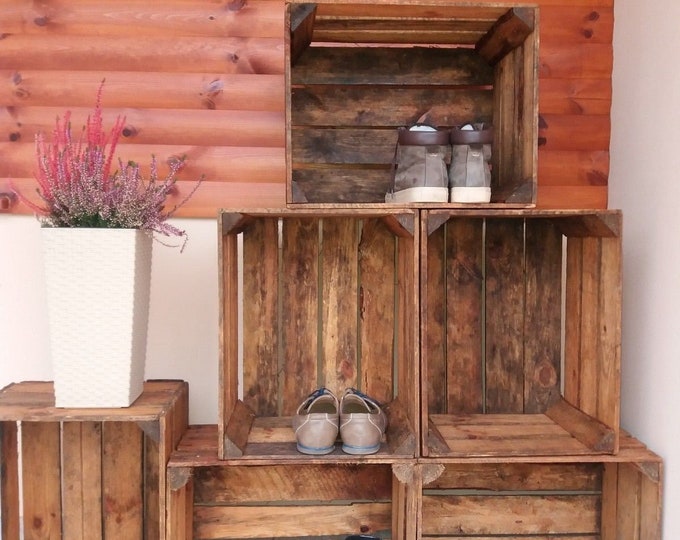6 x Vintage Rustic European Wooden Apple Crates, ideal storage boxes box display crate bookshelf idea