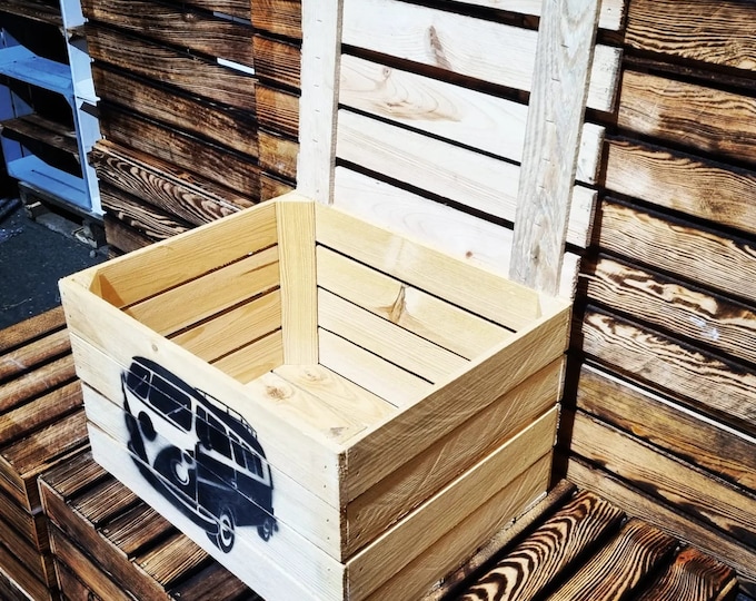 VW Camper VOLKSWAGON Rustic Apple Box Crate - Trunk / Camping / Storage / Garage / Man Cave (Handles & Lid)