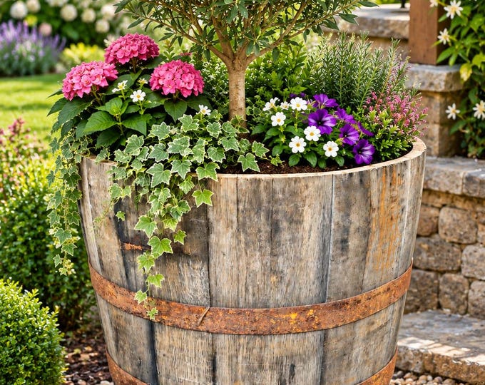 52CM TALL - Rustic Oak Barrel Planter, Large Wooden Whisky Barrel Garden Planter, Reclaimed Half Barrel Tub, Outdoor Flower & Tree