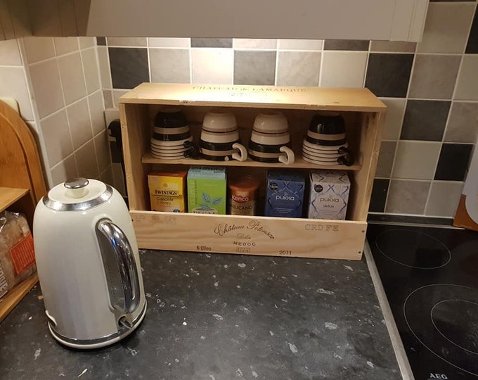 Handmade French Wooden wine box TEA and COFFEE Station /  Kitchen Organiser & tidy -