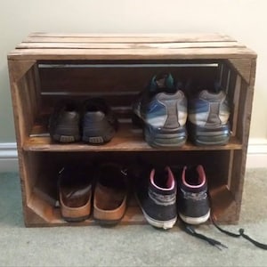 SHABBY CHIC wooden shoe rack / shelving display - handmade vintage apple crate box bushel