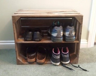 SHABBY CHIC wooden shoe rack / shelving display - handmade vintage apple crate box bushel