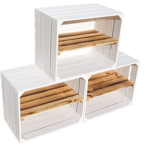 3 x caisse peinte en blanc avec LONGUE étagère en bois brûlé - Caisses de pommes en bois, boîtes de rangement idéales boîte d’affichage de caisse commode étagère