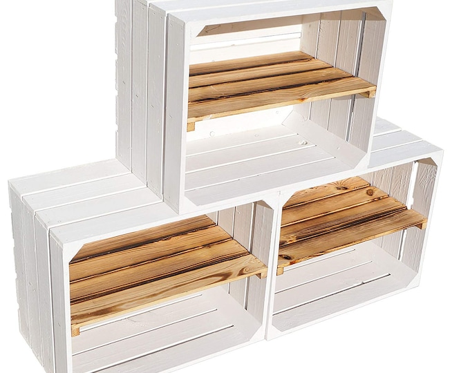 3 x White Painted Crate with LONG Burnt wood shelf - Wooden Apple Crates, ideal storage boxes box display crate bookshelf dresser