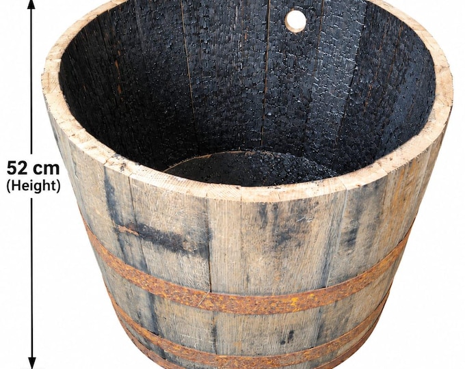 52CM TALL - Rustic Oak Barrel Planter, Large Wooden Whisky Barrel Garden Planter, Reclaimed Half Barrel Tub, Outdoor Flower & Tree