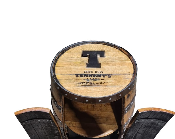 TENNENTS Branded - Rustic Bourbon Barrel Cask Handcrafted Drinks Cabinet / Home Bar / Man Cave