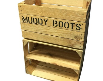 Wellie Boot Rack & Shoe Rack - Rustic Wooden Storage Box - Custom Muddy Boots Stenciled…