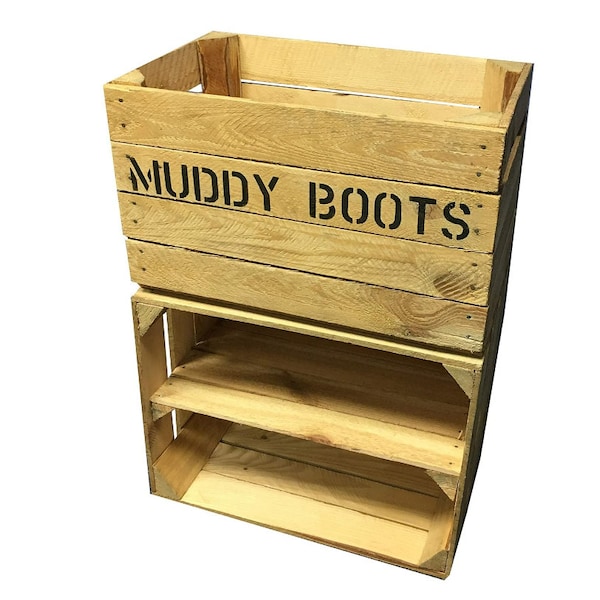 Wellie Boot Rack & Shoe Rack - Rustic Wooden Storage Box - Custom Muddy Boots Stenciled…