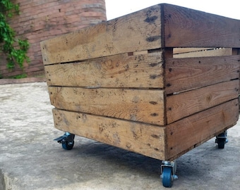 Log Crate / Fire Wood kindling Log store / Carrier Holder - Portable Wooden box with rope handles & castors.