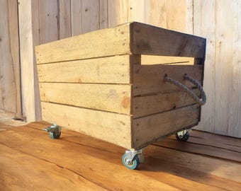 Vintage Wooden Apple Crate - Book / Vinyl / Log / Storage Garden / House - WITH WHEELS & HANDLES