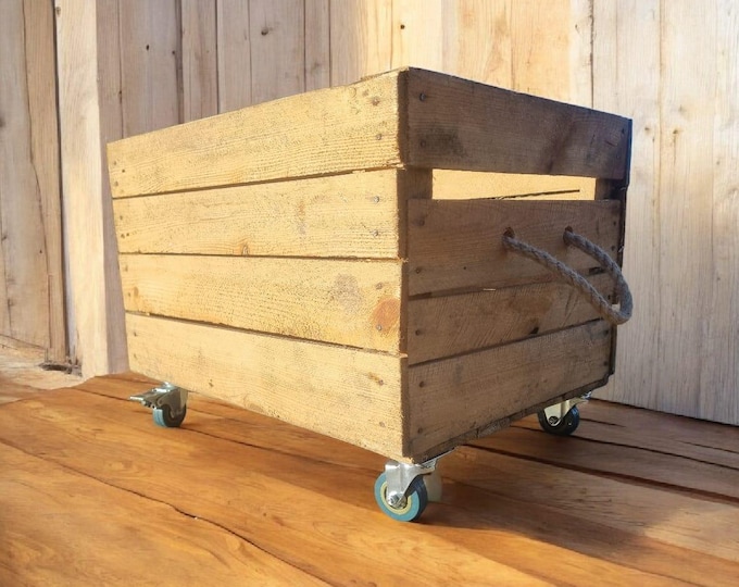 Vintage Wooden Apple Crate - Book / Vinyl / Log / Storage Garden / House - WITH WHEELS & HANDLES