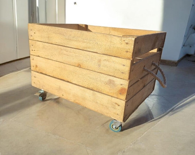 Vintage Wooden Apple Crate - Book / Vinyl / Log Storage - WITH WHEELS & HANDLES