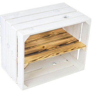 1 x White Painted Crate with LONG Burnt wood shelf - Wooden Apple Crates, ideal storage boxes box display crate bookshelf dresser