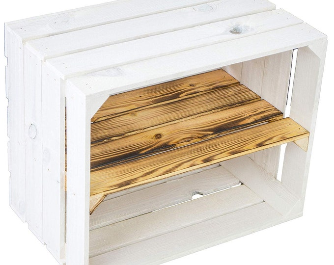 1 x White Painted Crate with LONG Burnt wood shelf - Wooden Apple Crates, ideal storage boxes box display crate bookshelf dresser