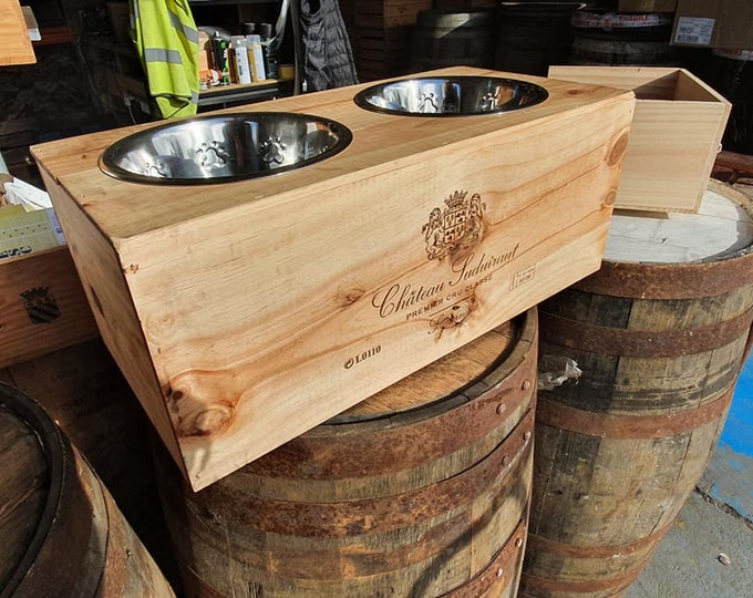 Reclaimed wooden wine box PET FEEDER BOWL / Station for dogs & cats Standard Pet Bowl – (24 1/2 bottle size box)