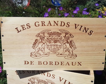 Les Grands Vins - 6 Bottle wooden wine boxes  - Ideal box to store crafts, collectables, wool and more - French Wine box / Crate