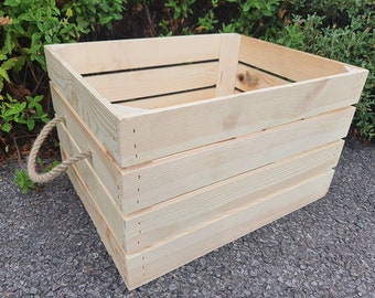 NEW WOOD Log Crate / Fire Wood kindling Log store / Carrier Holder - Wooden box with rope handles made from a Vintage Apple Crate