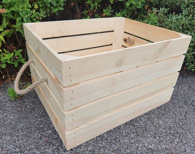 NEW WOOD Log Crate / Fire Wood kindling Log store / Carrier Holder - Wooden box with rope handles made from a Vintage Apple Crate