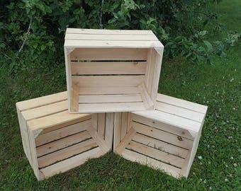 3 x caisses de pommes en bois propres, boîtes de rangement idéales boîte d’affichage de caisse étagère idée vintage bushell box style