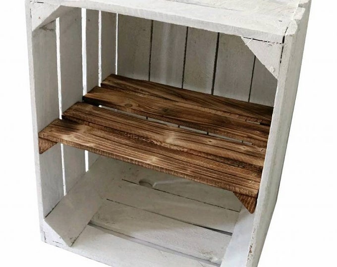 1 x White Painted Crate with SHORT Burnt wood shelf - Wooden Apple Crates, ideal storage boxes box display crate bookshelf dresser