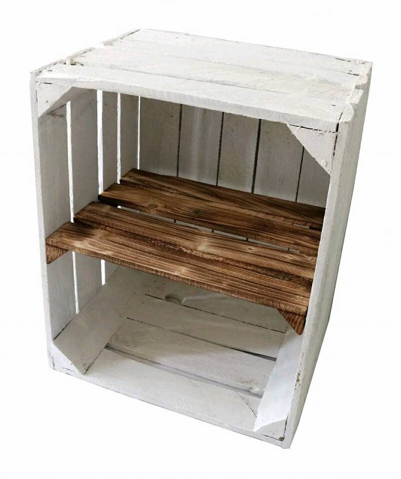 1 X White Painted Crate With Short Burnt Wood Shelf Wooden Apple