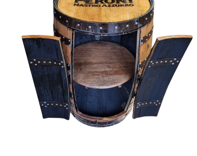 PERONI NASTO AZZURRO Branded - Rustic Bourbon Barrel Cask Handcrafted Drinks Cabinet / Home Bar / Man Cave
