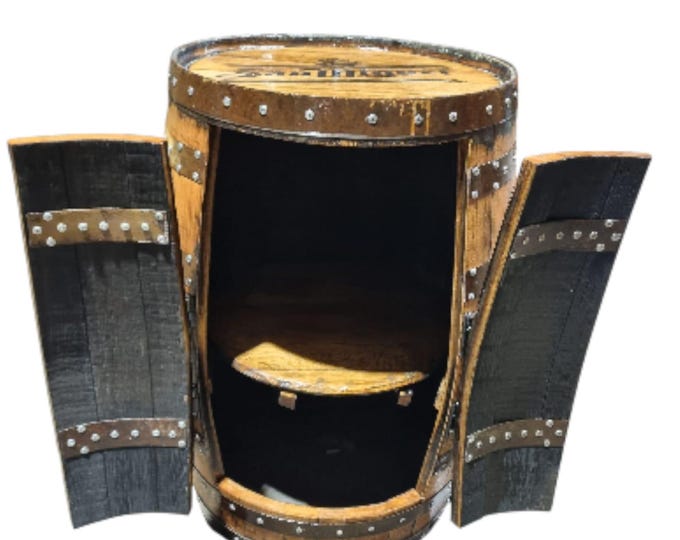 SAN MIGUEL LAGER Branded - Rustic Bourbon Barrel Cask Handcrafted Drinks Cabinet / Home Bar / Man Cave