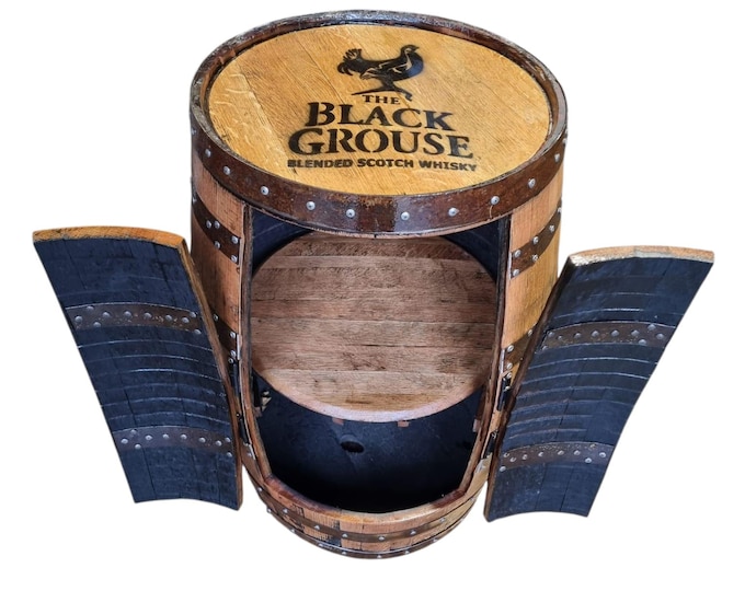 THE BLACK GROUSE Branded - Rustic Bourbon Barrel Cask Handcrafted Drinks Cabinet / Home Bar / Man Cave