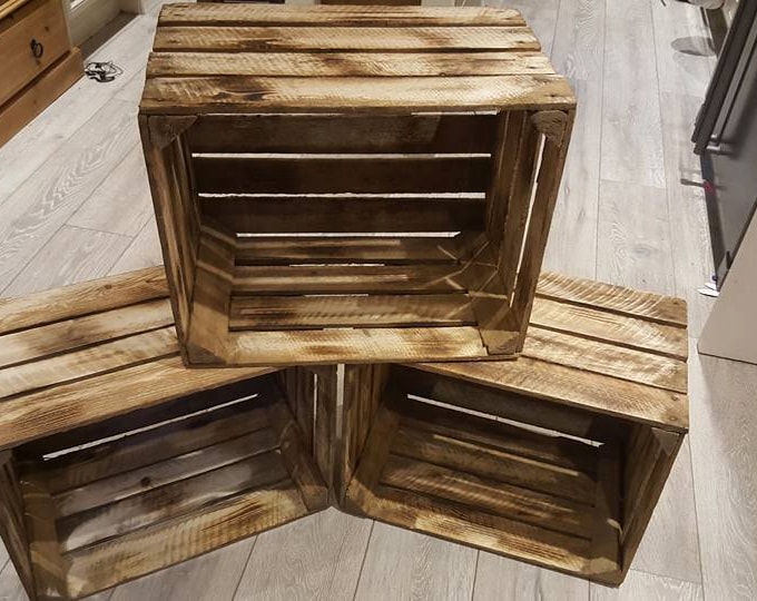 3 x Burntwood Vintage Rustic European Wooden Apple Crates, ideal storage boxes box display crate bookshelf idea