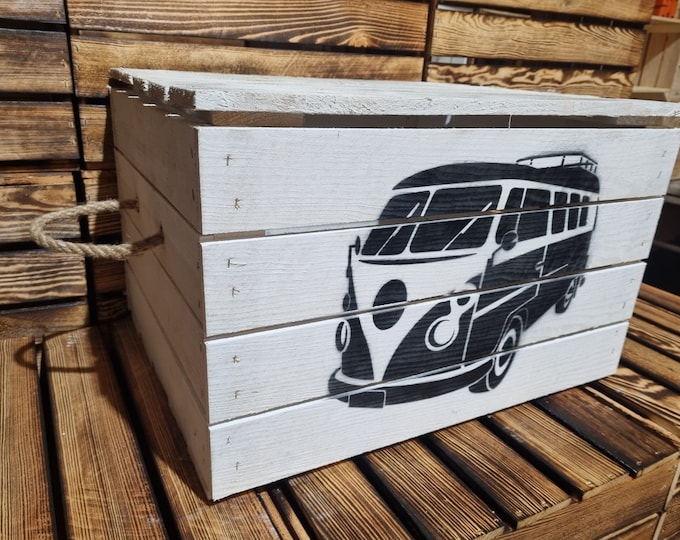 VW Camper VOLKSWAGON Rustic Apple Box Crate - Trunk / Camping / Storage / Garage / Man Cave (Handles & Lid)