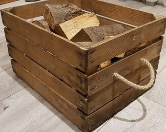 Log Crate / Log store / Carrier Holder - Wooden box with rope handles made from a Vintage Apple Crate