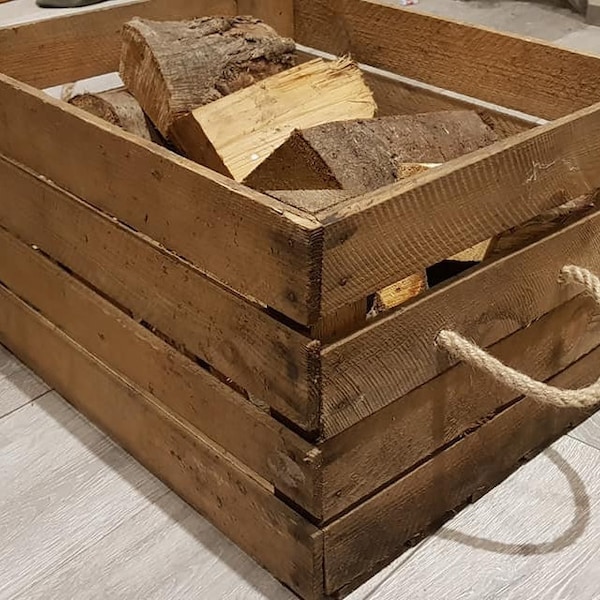 Log Crate / Log store / Carrier Holder - Wooden box with rope handles made from a Vintage Apple Crate