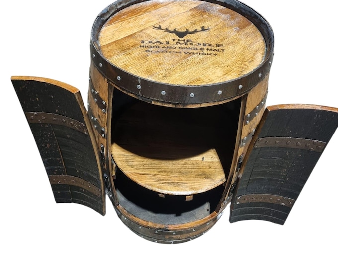 THE DALMORE whisky Branded - Rustic Bourbon Barrel Cask Handcrafted Drinks Cabinet / Home Bar / Man Cave