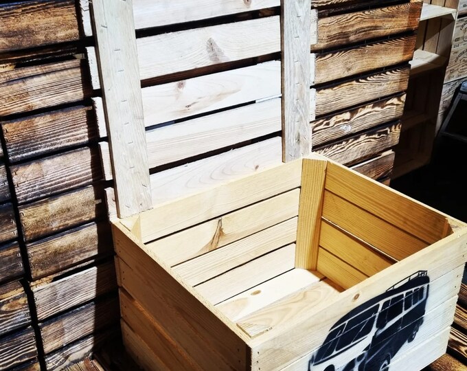 VW Camper VOLKSWAGON Rustic Apple Box Crate - Trunk / Camping / Storage / Garage / Man Cave (Handles & Lid)
