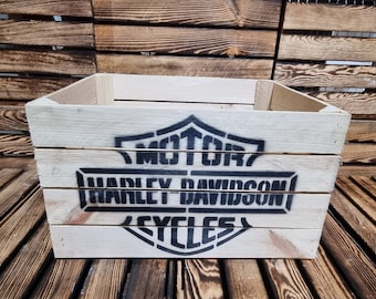 HARYLEY DAVIDSON Bikers Rustic Retro Wood Apple Crate Storage Box Chest Trunk For Man cave or She shed / GARAGE