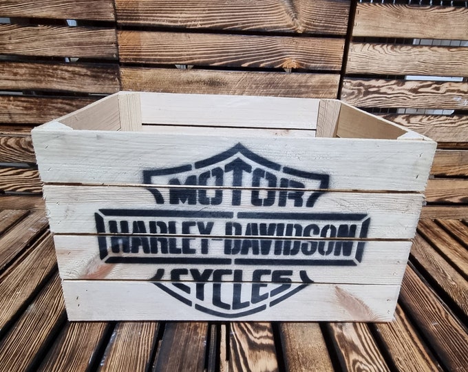 HARYLEY DAVIDSON Bikers Rustic Retro Wood Apple Crate Storage Box Chest Trunk For Man cave or She shed / GARAGE