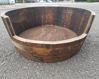 Oak Whisky Barrel Dog Bed - Pet Cat Puppy - Indoor or Outdoor Use. Wooden Bed