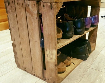 SHABBY CHIC wooden shoe rack / shelving display - handmade vintage apple crate box bushel