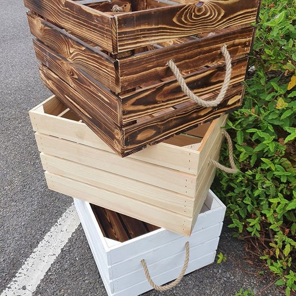 Log Crate / Fire Wood kindling Log store / Carrier Holder - Wooden box with rope handles  - Variety of designs