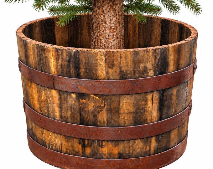 Rustic Varnished Half Whisky Barrel Christmas Tree Stand | 50 Year Old Oak | Heavy Duty | Handmade Vintage Style Christmas Decor