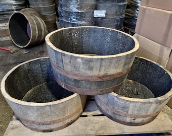 Maceta de 30 - 35 cm de altura WHISKY OAK BARREL - Barriles de barril de madera medio cortados ideales para el jardín