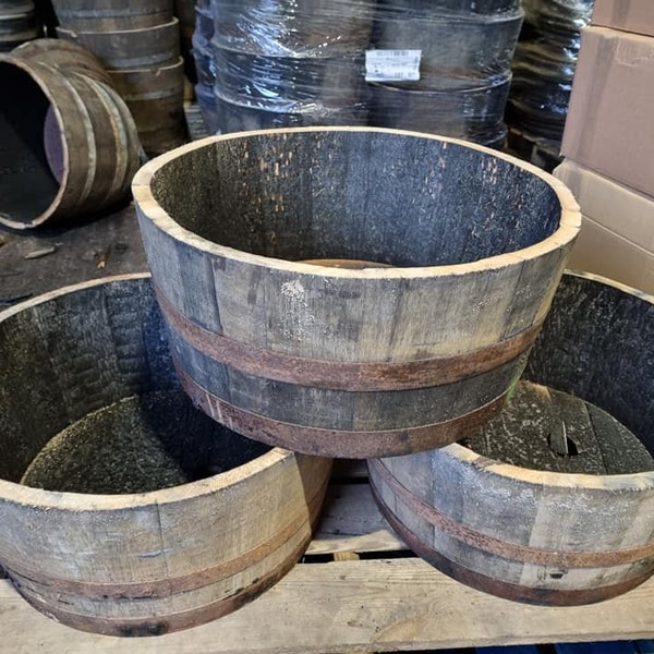 30 - 35cm tall WHISKY OAK BARREL Planter Pot - half cut Wooden Keg Barrels ideal for the garden