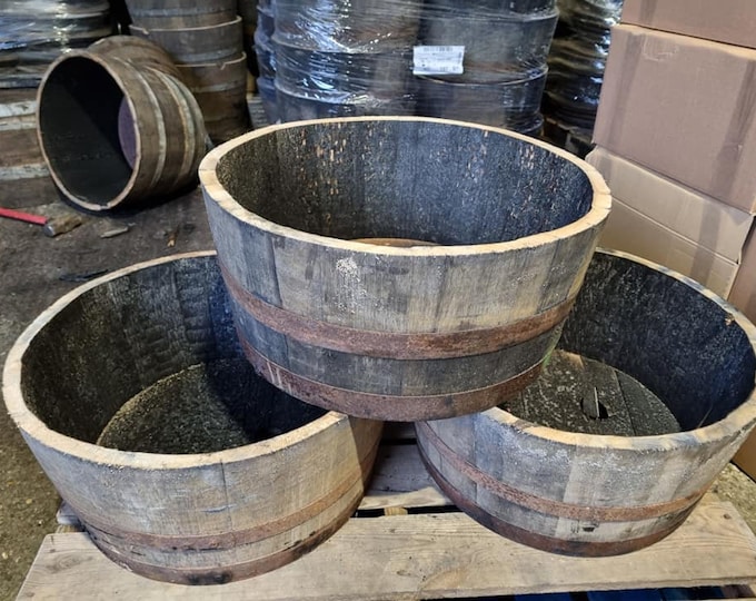 30 - 35cm tall WHISKY OAK BARREL Planter Pot - half cut Wooden Keg Barrels ideal for the garden
