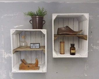 1 x White Painted Crate with Burnt wood shelf -  Wooden Apple Crates, ideal storage boxes box display, Crate End Table,  bedside table
