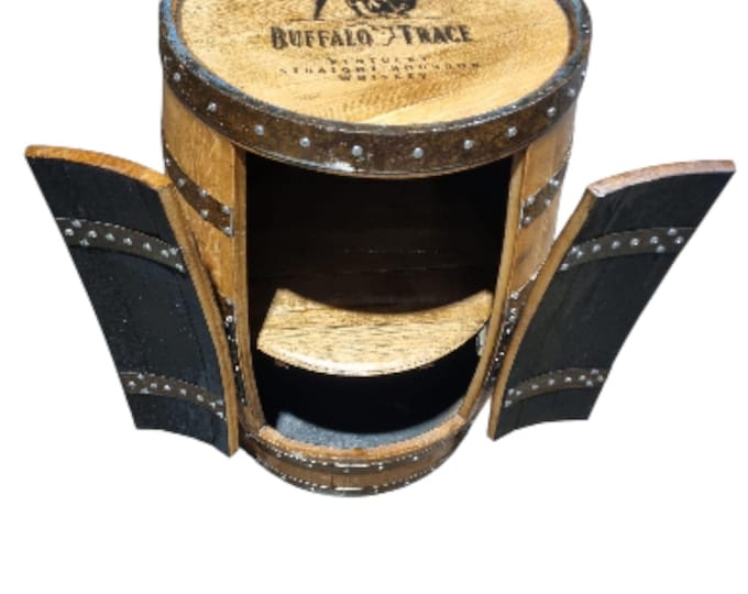 BUFFALO TRACE WHISKEY Branded - Rustic Bourbon Barrel Cask Handcrafted Drinks Cabinet / Home Bar / Man Cave