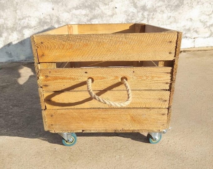 Vintage Wooden Apple Crate - Book / Vinyl / Log Storage - WITH WHEELS & HANDLES