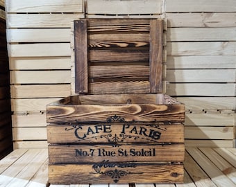 CAFE PARIS FRENCH Rustic Retro Wood Apple Crate Storage Box Chest Trunk For Man cave or She shed