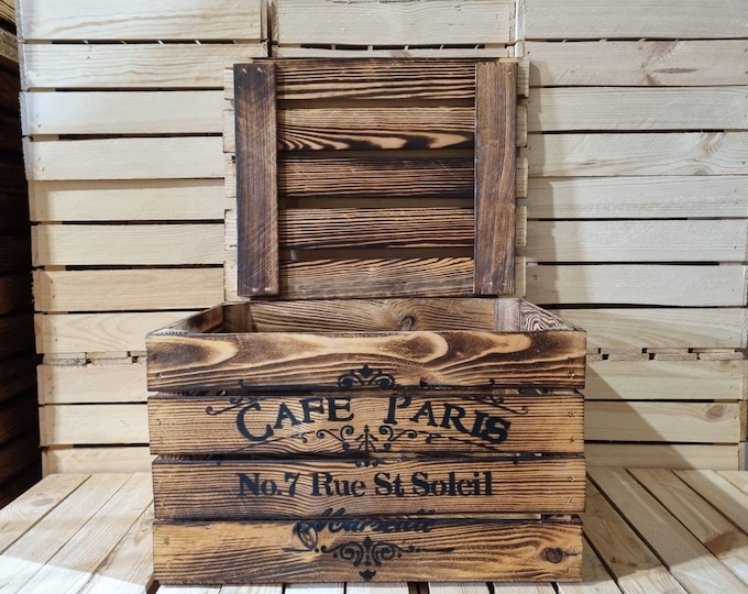 CAFE PARIS FRENCH Rustic Retro Wood Apple Crate Storage Box Chest Trunk For Man cave or She shed