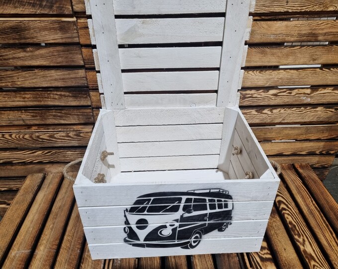 VW Camper VOLKSWAGON Rustic Apple Box Crate - Trunk / Camping / Storage / Garage / Man Cave (Handles & Lid)